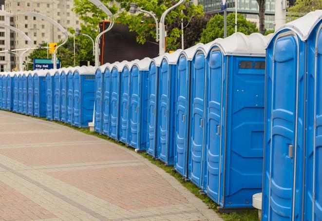 a row of portable restrooms for a special event, ensuring guests have access to clean facilities in Bald Eagle, PA